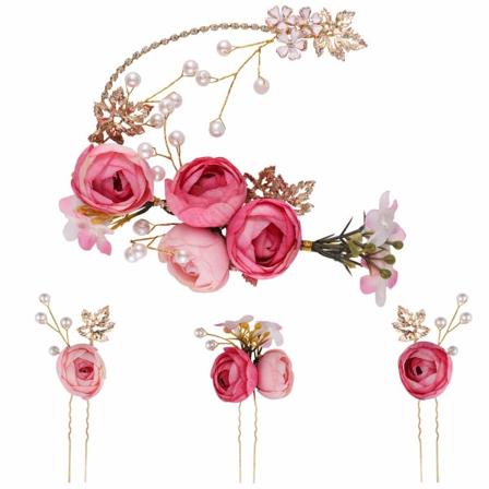 4-delt U-formet rosenhårnåle Blomsterfranske sideskamme Bryllupstilbehør til brude og brudepiger (Pink)