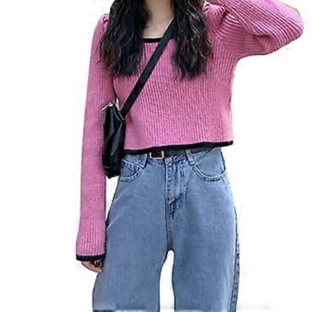 Dame Puff Langærmet Sweater Sexet Firkantet Hals Ribstrikket Slim Jumper Crop Top Pink