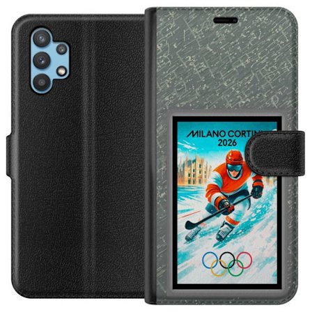 Kompatibel Tegnebogsetui til Samsung Galaxy A32 5G Curling illustration med spillere og sten på isen, Milano Cortina 2026, snedækkede stænk og olym