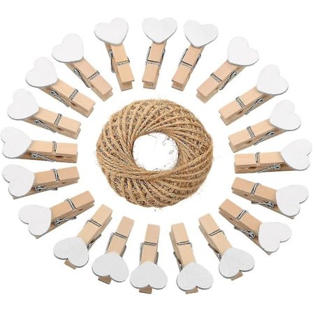 Hjerte klesklyper, 100 stk. Mini treklyper i tre, hvite fotoklyper med 30 meter jute