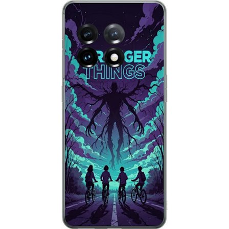 Yhteensopiva Puhelinkuori OnePlus OnePlus 11 Stranger Things -inspiroitunut fantasiaillustraatio, jossa on tumma hirviö, pyöräilevät lapset ja dra