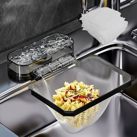 Svart Sugkopp Hopfällbar Diskbänkssil med 200 Nätpåsar, Rostskyddad Kantmonterad Matfångare för Diskbänksorganisation a