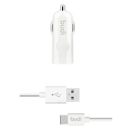 USB biloplader - Budi - Model med LED indikator - USB Type-C kabel - 5V 2,4A - Hvid