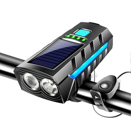Uppladdningsbar solcellslampa för cykel med 130dB ringklocka, Ultraljus 1000LM cykelstrålkastare för mountainbike/landsvägscykel