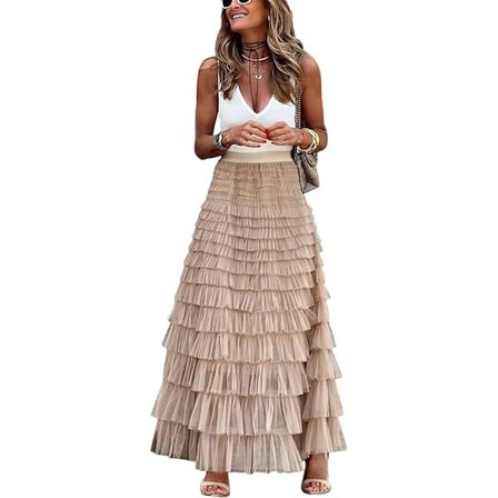 Kvinners Maxi Skjørt Sommer Elastisk Høy Midje A Linje Casual Kjole Mote Mesh Kake Skjørt Sommer Skjørt Lang Puffy Plissert Skjørt (M)