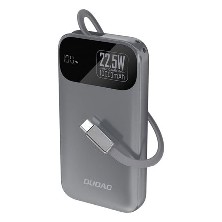 Dudao K31 10000 mAh 22,5W PD Powerbank med inbyggd USB-C-Kabel - Grå