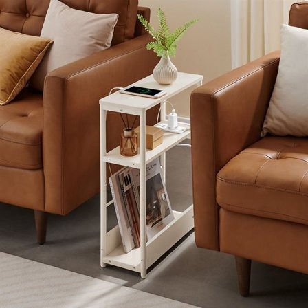 Smalt sidebord 18 x 45 x 58 cm med indbygget stikkontakt - Hvid