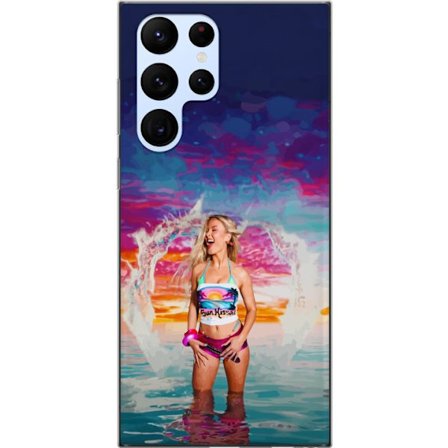 Kompatibelt Mobildeksel til Samsung Galaxy S22 Ultra 5G Blond kvinne i fargerik strandantrekk som leker i havet ved solnedgang