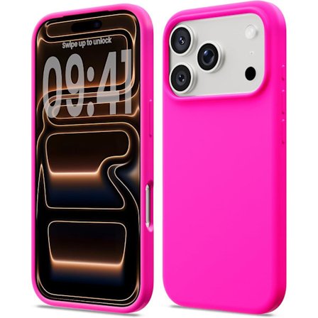 Flytande silikonfodral för iPhone 17 Pro, Stötsäkert mjukt telefonskal, Fullständigt skydd, Neonrosa