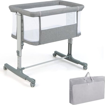 COSTWAY Co-Sleeping Baby Bed med Madrass-5 Justerbar höjd-Belastning 9KG-Andas Mesh Cradle Bed-Resebag-0-6 Months-Grå