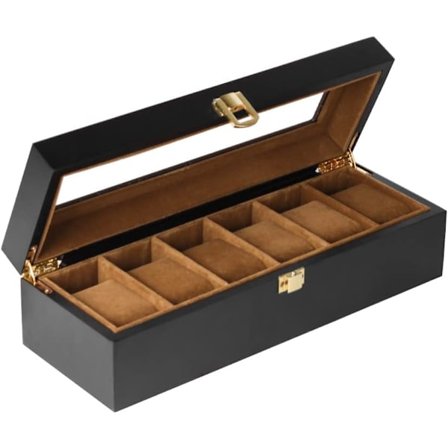 Klokkeboks for menn, oppbevaringsboks for klokker i massivt tre, smykkeorganisator med klart lokk (6 spor, 31*20*8 cm)