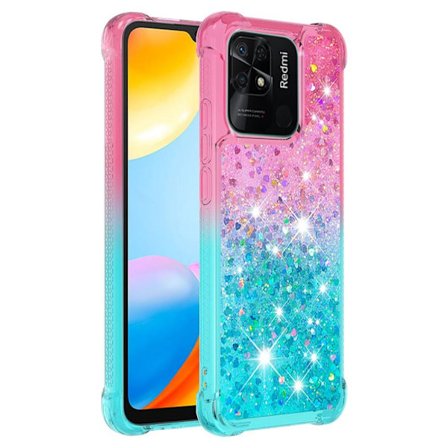 SKALO Xiaomi Redmi 10C Kvicksand Glitter Hjerter TPU Cover - Pink-Turkis