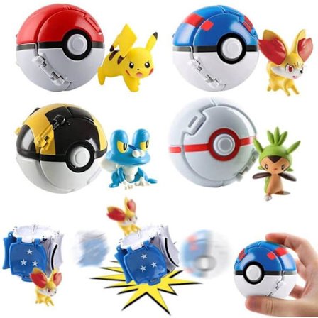 4 stk Poké Ball, Poké Ball med dukke, hoppende ball, mini dukke