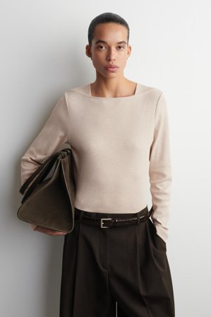 COS Cotton-Jersey Long Sleeve Top in Beige - Women