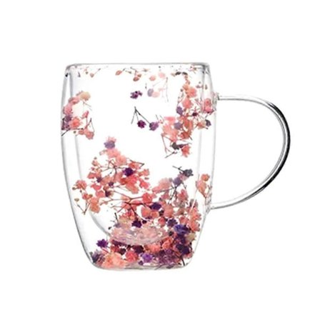 Kreativt dobbeltglas med ægte blomster, højt udseende, fuld stjerne, tørret blomst, mælk, kaffe, glas, 350 ml husholdningskop B