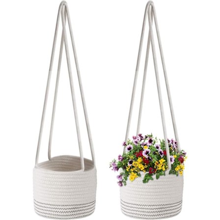 2 Pakning Bomullsrepskurv Innendørs Plantepottehenger Vevd Oppbevaringskurv Hjemmeinnredning Oppbevaringsorganisator Hengende Tau, Hvit