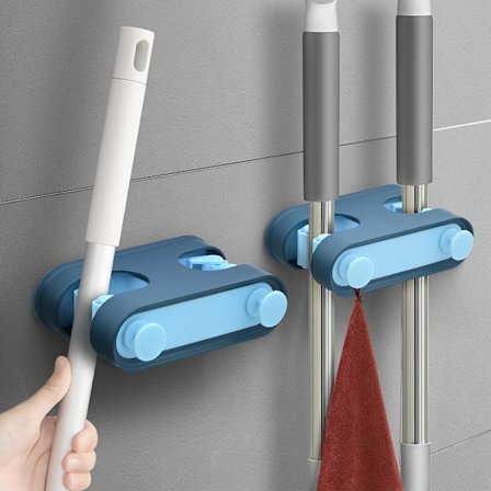 2 stk. Blå vægmonteret kosteskaftholder, selvklæbende vægmonteret