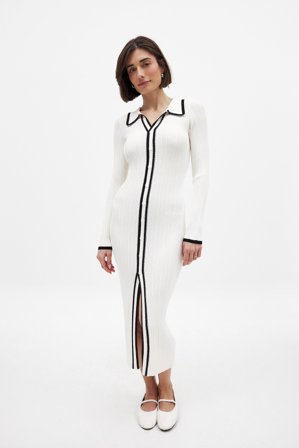 NA-KD Robe mi-longue boutonnée en maille contrastante - Robes Pull - OffBlanc - L (EU 42-44)