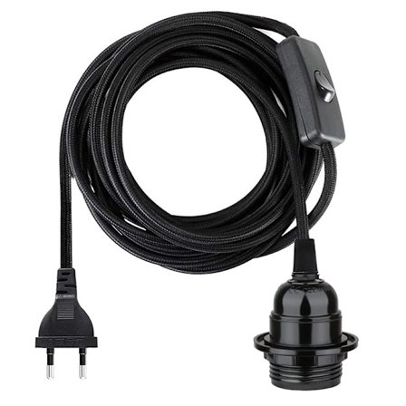 Taklampa med sladd, E27 Skruvsockel med Strömbrytare, Upphängd & Låsring för Lampskärm, 2-ledare Förlängningskabel EU-kontakt (3.5m, Svart)