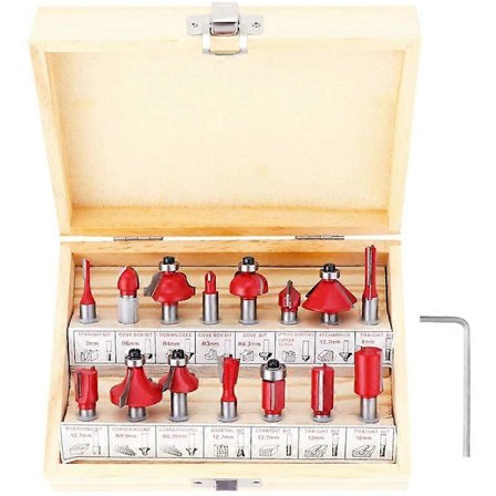 15 stk. 6,35 mm skaft wolframkarbid fresestifter for trebearbeiding med rød skiftenøkkel