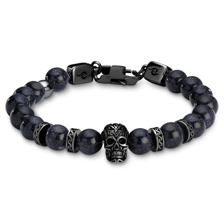 Rico | Bracelet en pierre de sable bleu avec tête de mort en acier inoxydable noir pour hommes - Bracelets en acier