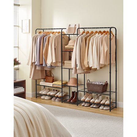 Vaateteline, Avoin vaatekaappi, Vaatetanko, Vaateteline säilytyshyllyillä, Mattamusta