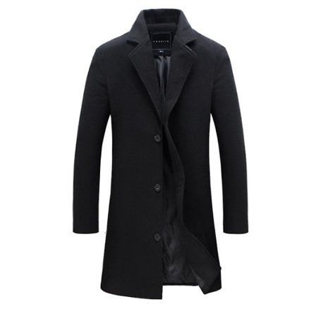 Män Mellanlång ullkappa Solid Lapel Mode Slim Fit Overcoat L Black