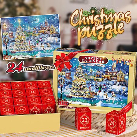 Jule adventskalender puslespill 1008 stk, 24 dager adventskalender 2023 julepuslespill, julegave til barn