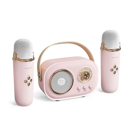 Mini Karaoke Maskin, Bærbar Bluetooth Høyttaler med 2 Trådløse Mikrofoner og Forbedret Stereo Bass Rosa