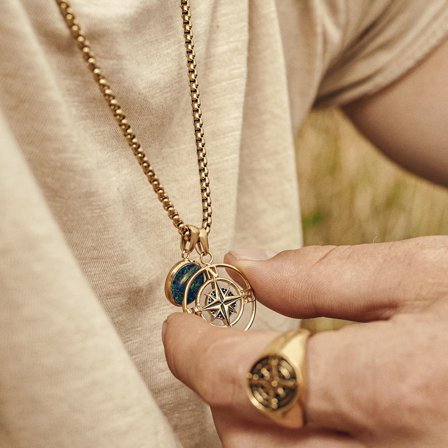 Atlas | Gold-tone Compass and Azurmalachite Pendant Necklace for Men - Steel necklaces