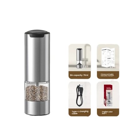 Elektrisk pepparkvarn, uppladdningsbar automatisk pepparkvarn, enhandsmanövrering, justerbar grovlek, rostfritt stål