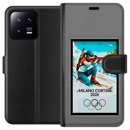 Kompatibelt Lommeboketui til Xiaomi 13 Retroplakat Cortina Milano 2026 med fjell, vintersportsutøvere, italienske trikolor, Milano-katedralen og olymp