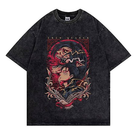 Vintage Vasket T-skjorte Attack On Titan Trykket T-skjorte Menn Harajuku Oversize Tee Par Bomull Mote Menn Y2k Streetwear