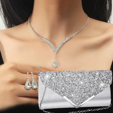 Kveldsveske for kvinner, glitter konvolutt clutch veske, halskjede, øredobber