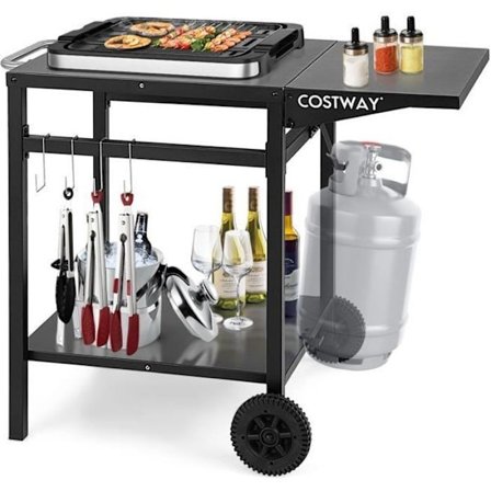 COSTWAY kaksihyllyinen Plancha-kärry taitettavalla pöydällä, metallinen puutarhavaunu koukuilla ja pyörillä 96,5x64x75,5 CM