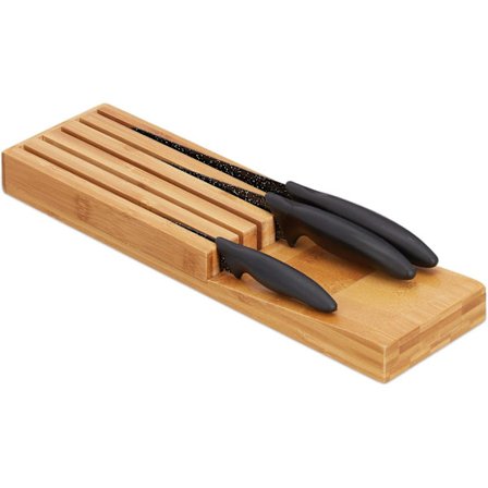 Knivholder i bambus, plads til 5 knive, bestikskuffeorganisator, dimensioner: 3,5 x 11 x 39 cm, naturfarve.