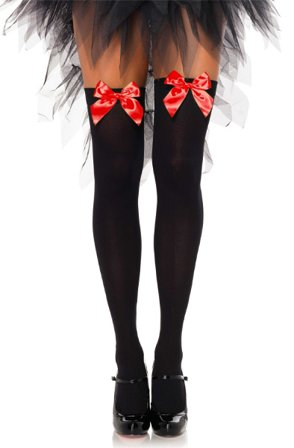 Nylon Thigh Highs With Bow Black/Red Onesize - Woome.pl