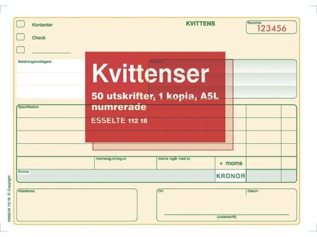 Esselte Blankett kvittens numrerad A5L 2x50 blad - Lyreco - Kontorsmaterial - Blanketter och bokföring - Blanketter
