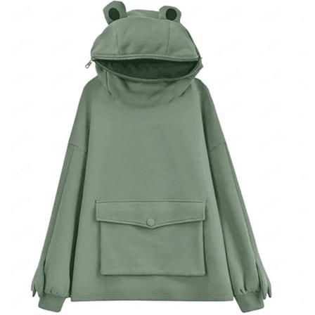 Koselig froskehettegenser med glidelås for kvinner/jenter - Stor lomme foran - Liten mørkegrønn Small Dark Green