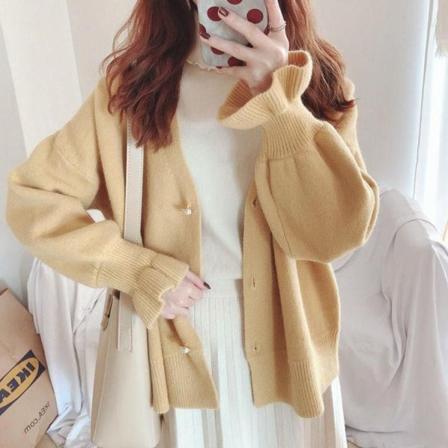 Kvinder Strik Efterår Vinter Sweater V-hals Idle Style Baggy Coat Flared Sleeve Cardigan Light yellow 57*96*48cm