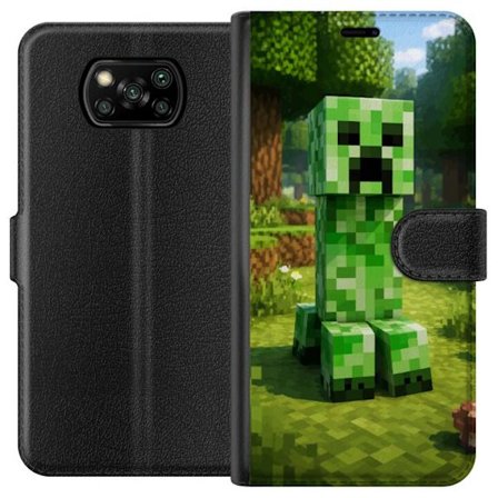 Kompatibelt Plånboksfodral till Xiaomi Xiaomi Poco X3 NFC Block-baserad Creeper-figur i en grön pixell värld, ikonisk spelillustration för barnrum