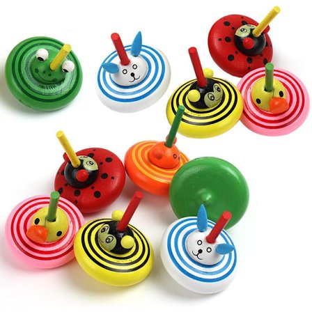 10 stk. Små træsnurretoppe, mini snurretoppe med farverige dyr