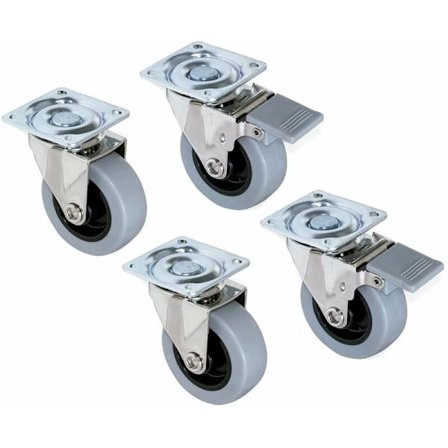 Sæt med 4 drejelige hjul til møbler Ø50mm med fastgørelsesplade og kuglelejer, grå gummihjul