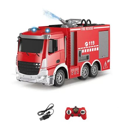 Fjernstyrt brannbil, oppladbar, overdimensjonert, demonstrasjon med én tast, redning, kan sprøyte vann, stige, vannkanon, bilmodell, gutter