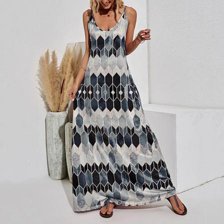 Dam V-hals Spaghetti Strap Diamond Print Sundress Maxiklänningar