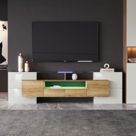 Stilren TV-bänk med LED-belysning, TV-skåp i högblank vit med elegant glasyt, 200 cm, modern