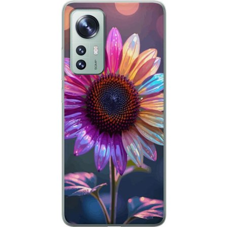 Kompatibelt Mobildeksel til Xiaomi 12 Irideserende blomst med glitrende kronblad i rosa lilla og gull mot myk bokeh bakgrunn