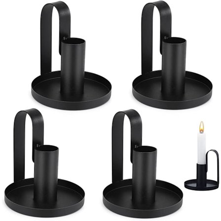 Svart - Sett med 4 metallstearinlysestaker med håndtak