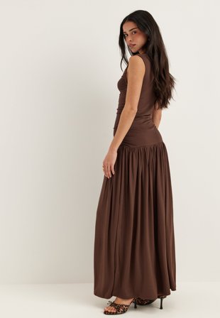 BUBBLEROOM - Gathered Side Maxi Dress - Brown