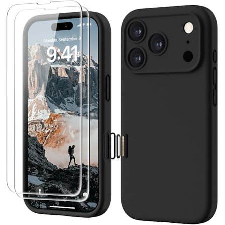 3 I 1 til iPhone 17 Pro Cover Premium Flydende Silikone, med 2X HD Skærmbeskytter, Sort